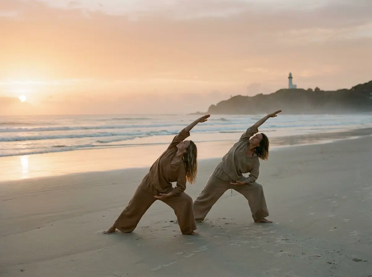 Two people practising at sunrise on Wategos Beach