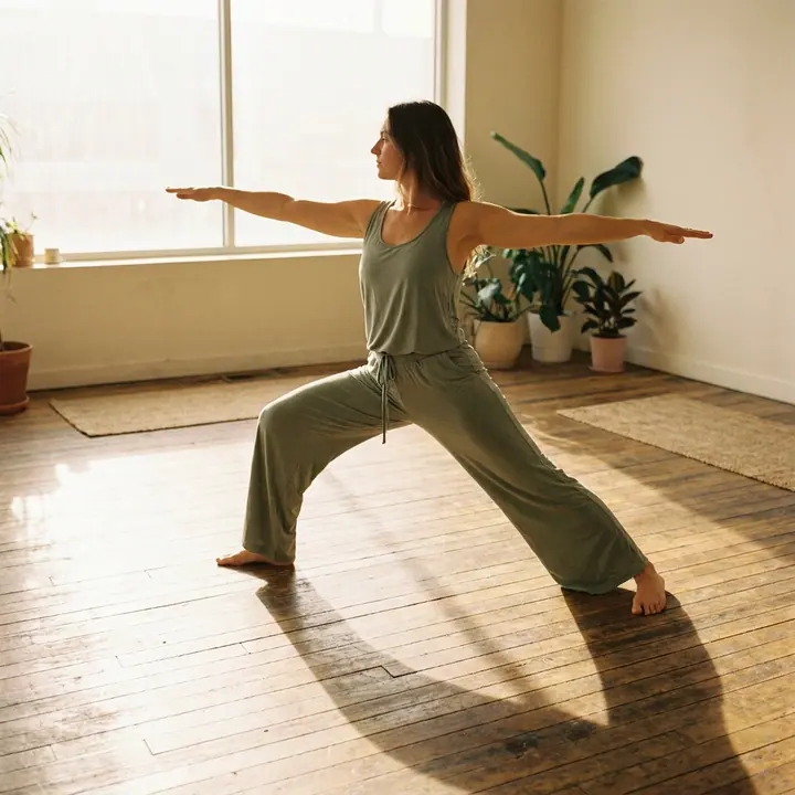 A practitioner in warrior II during a Vinyasa class