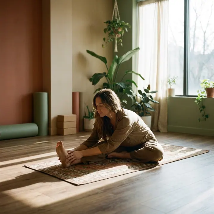 A practitioner in a seated forward fold during a Yin class