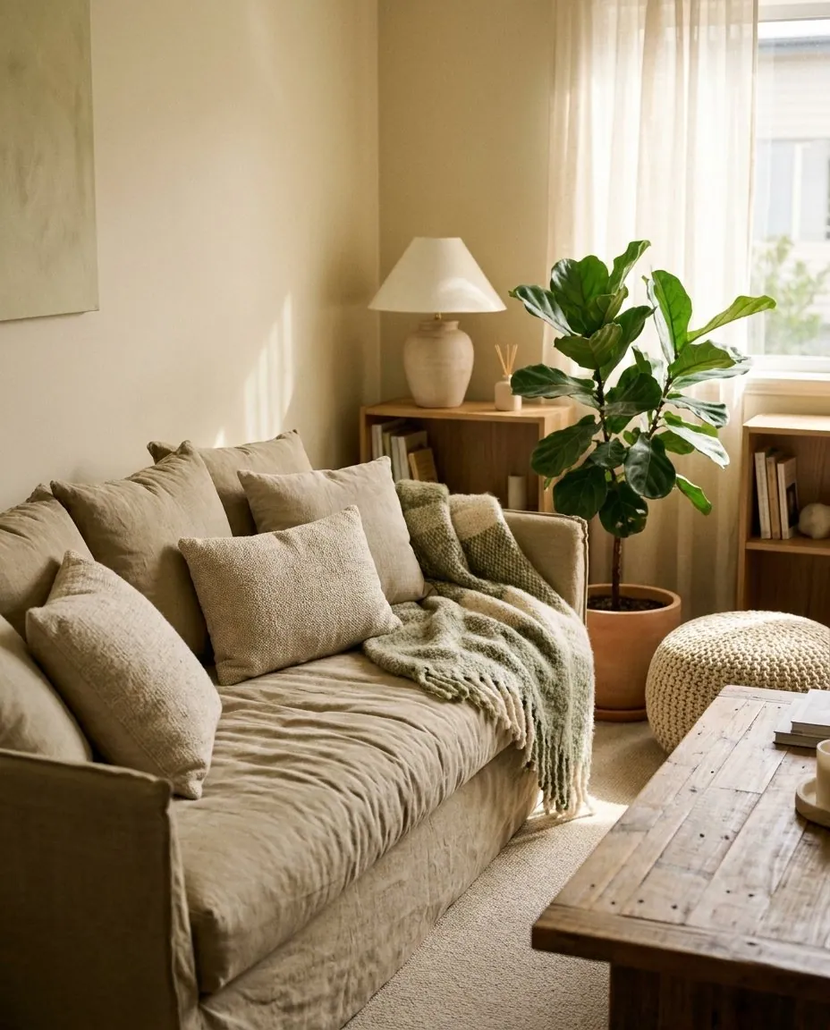Cosy Clearwater clinic interior with a linen sofa and plants