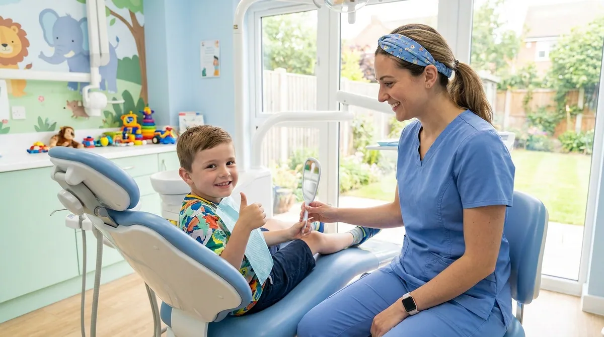 A child smiling confidently after a gentle dental visit