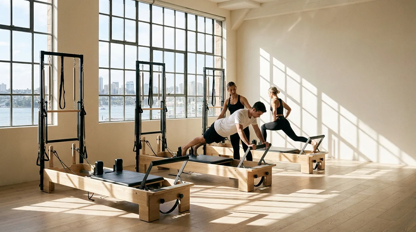 FORM Pilates Studio interior — reformer machines lined up in a bright, minimal space with natural light