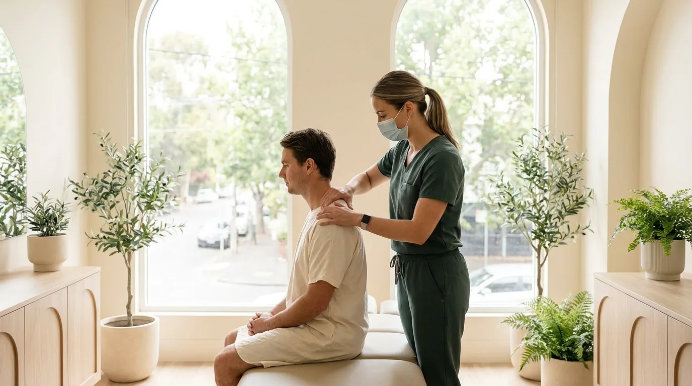 The bright, welcoming interior of Serenity Physio's Carlton clinic — modern treatment equipment and natural light