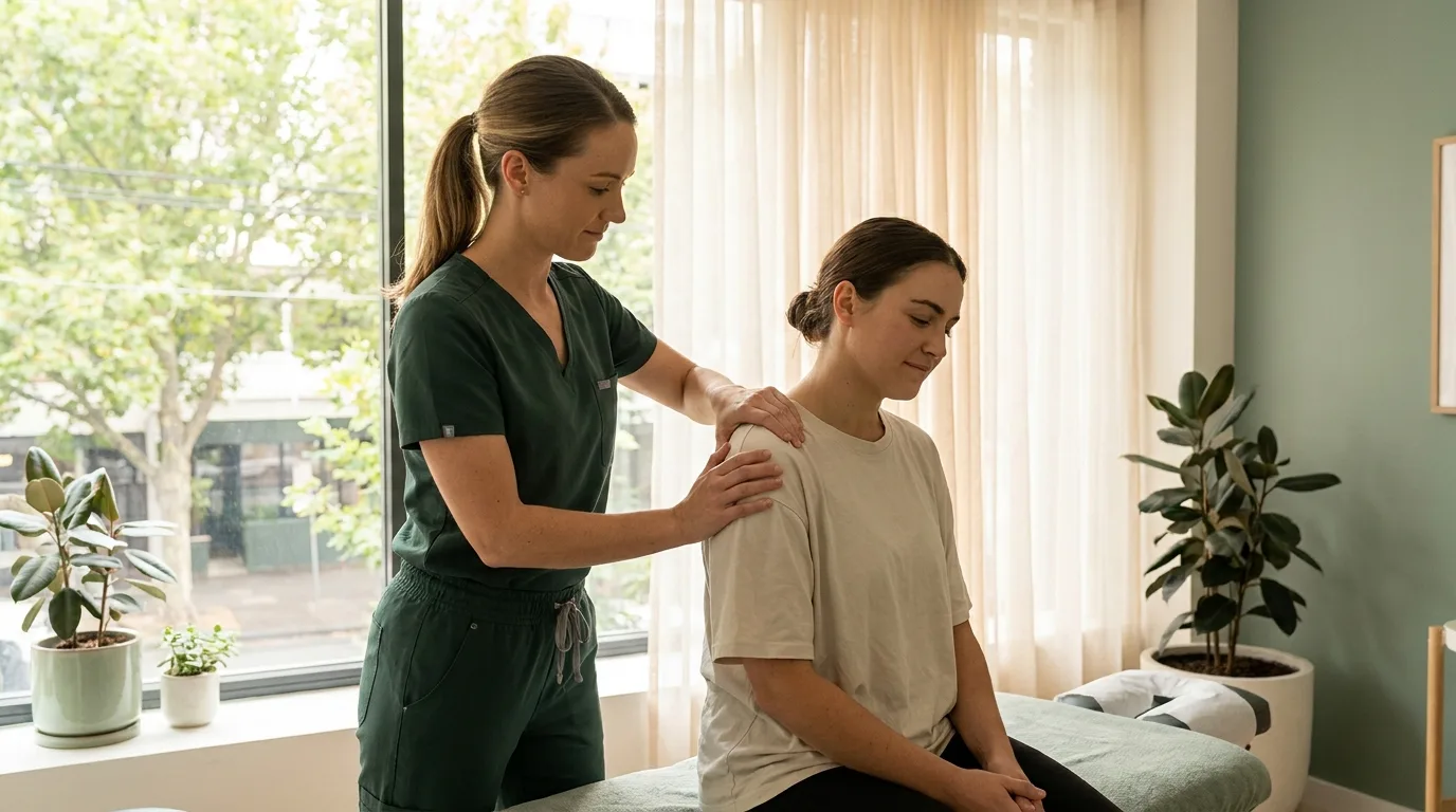 Serenity Physio clinician providing hands-on treatment to a patient's shoulder in a bright Melbourne clinic