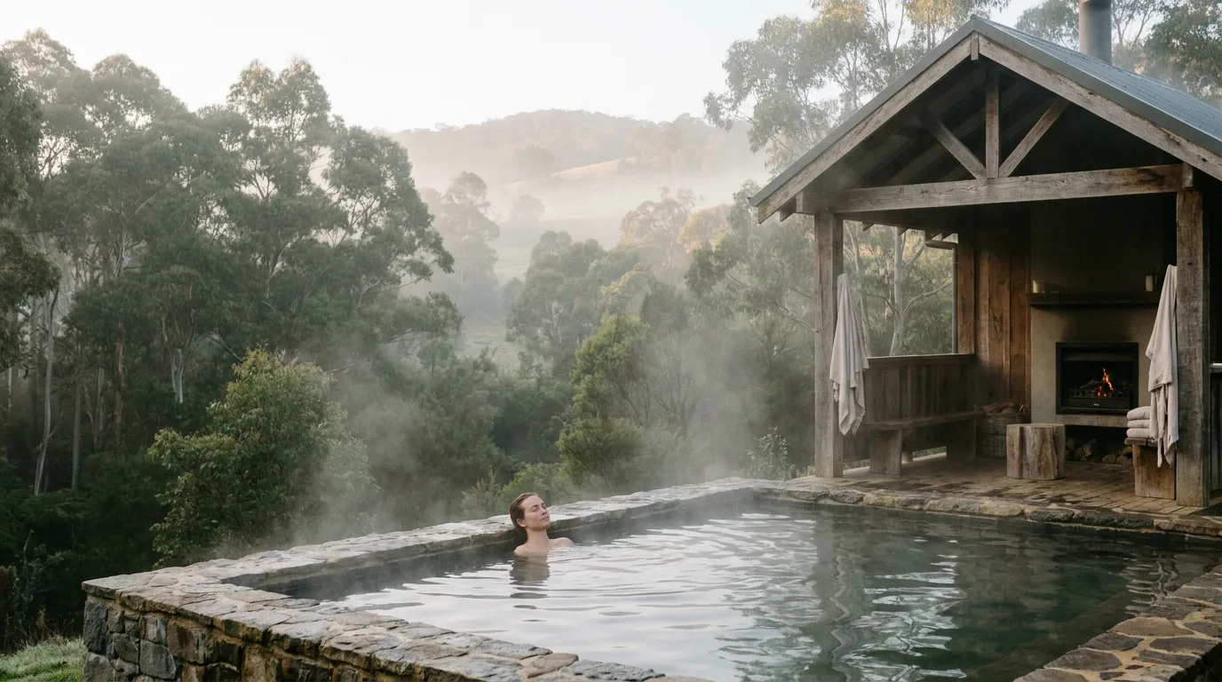 Misty mineral spring pools at Solace Springs Retreat, surrounded by forest — steam rising over still water in the early morning light